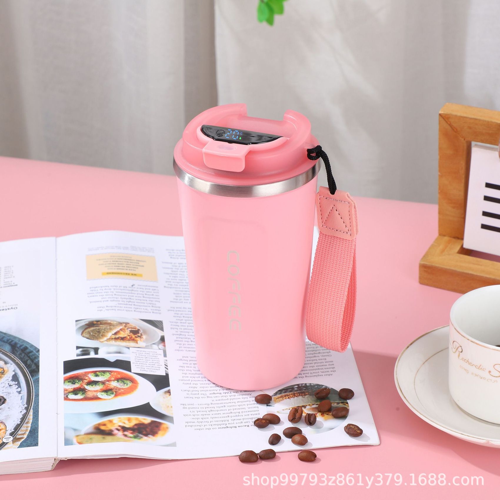 Taza de café inteligente de temperatura 304 taza de acero inoxidable portátil de cuerda de transporte de automóviles de oficina para hombres y mujeres con logotipo de impresión