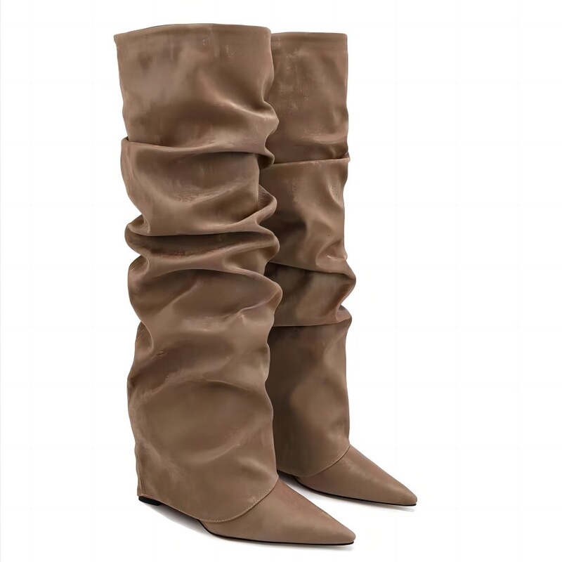 2026 New European and American Style Trendy Knee-High Boots with Wedge Heels, Pointed Toe, and Rubber Soles