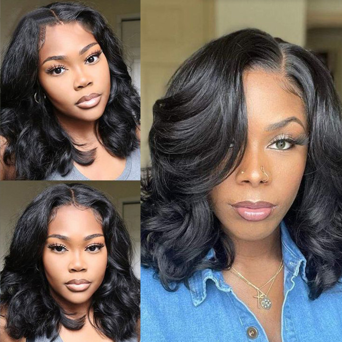 Human hair wig, European and American style, short curly hair, middle parting, wavy curls, simulated human hair, synthetic fiber, full head wig