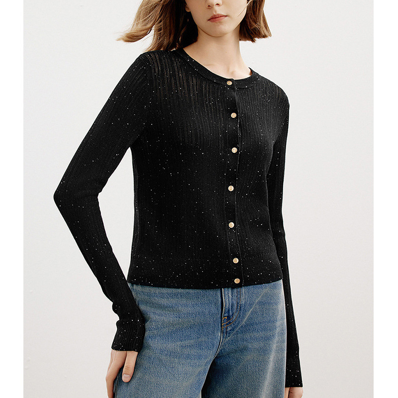 [Lang*Order] Round Neck High-End 2025 Autum New Design Elegant Black Knitted Cardigan for Women