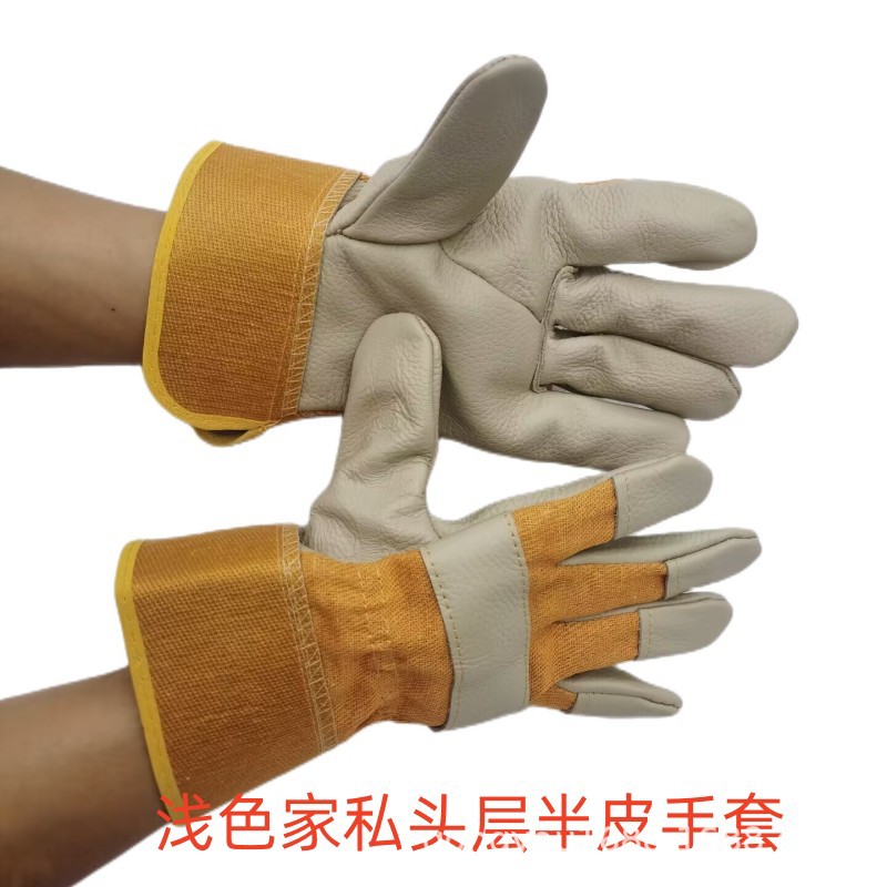 黄胶家私浅色头层分掌电焊手套劳保工作防护焊接工友短半牛皮耐磨
