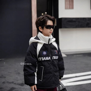 Children's Outwear 2025 Boys and Girls Winter New 24007 Embroidered Letter Style Color-Blocked American Hooded down Jacket