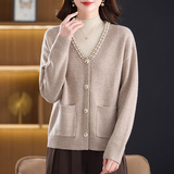 年轻款100%羊毛针织衫秋冬中年女士外套大码宽松羊毛衫开衫妈妈装，女装针织衫/毛衣，妃慕昵服饰