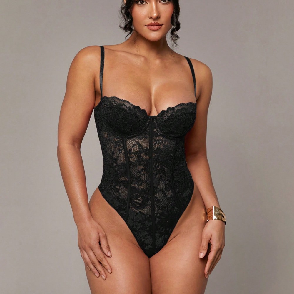 European and American Cross-Border Sexy Lace Bra, Lace Splicing Suspenders, Charming See-Through Tight-Fitting Versatile Jumpsuit 244