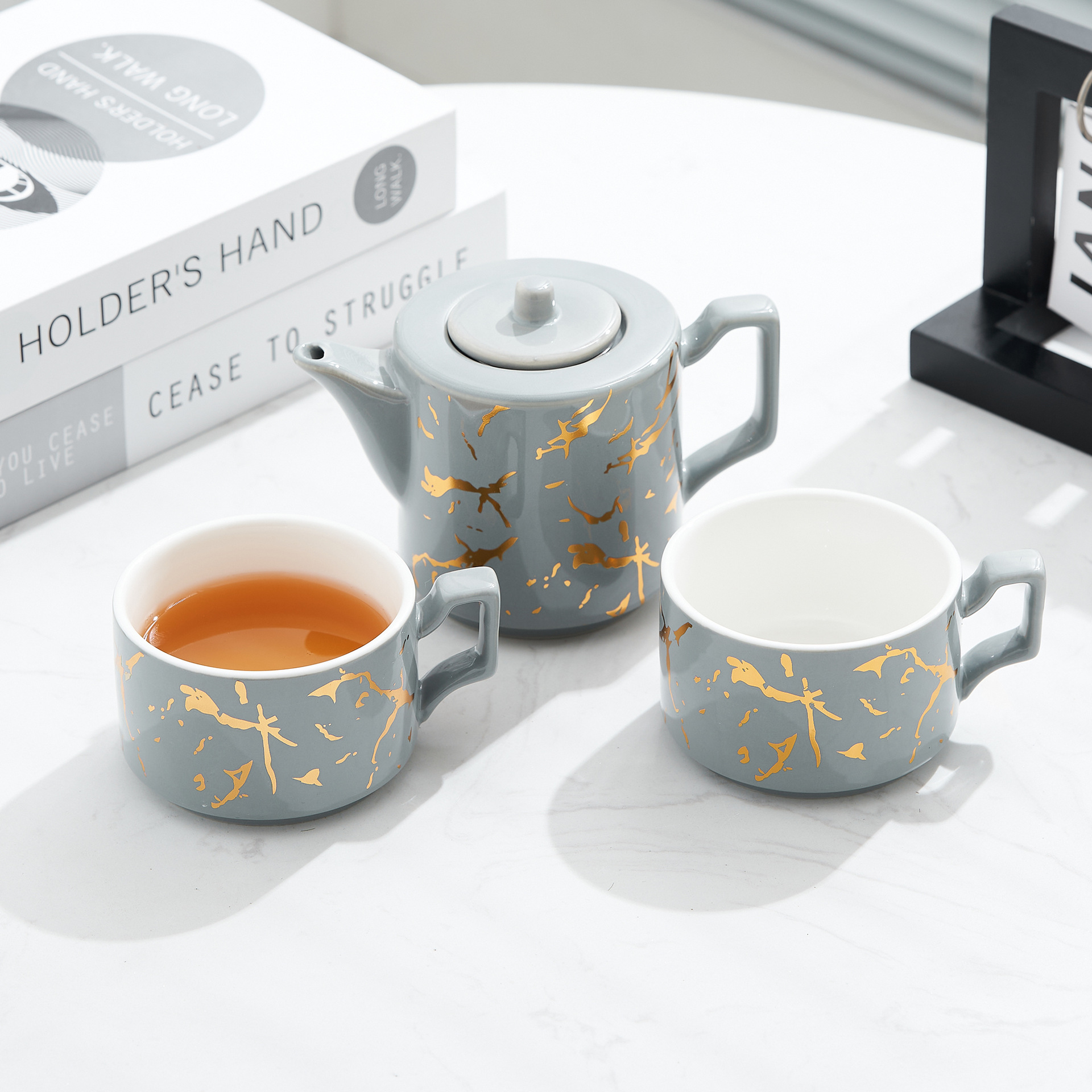 Oro marbling flor juego de té Nordic ins juego de té traje Luz de lujo tarde juego de té caja de regalo embalaje
