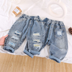 Boys six ripped non-elastic jeans 2023 spring and autumn new style children's versatile pants boys trendy trousers