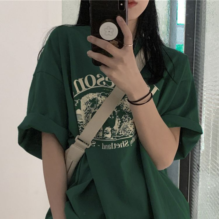 Women's green short-sleeved t-shirt, pure cotton, loose fit, casual style, trendy design, niche style, summer wear, 2025 new trendy style.
