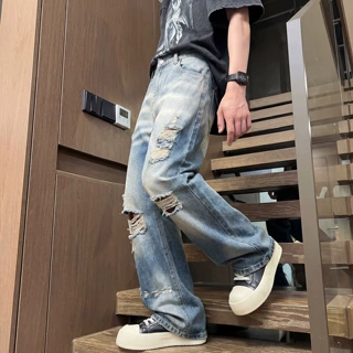 美式cleanfit破洞牛仔裤男夏季薄款透气蓝色直筒裤男生高街阔腿裤