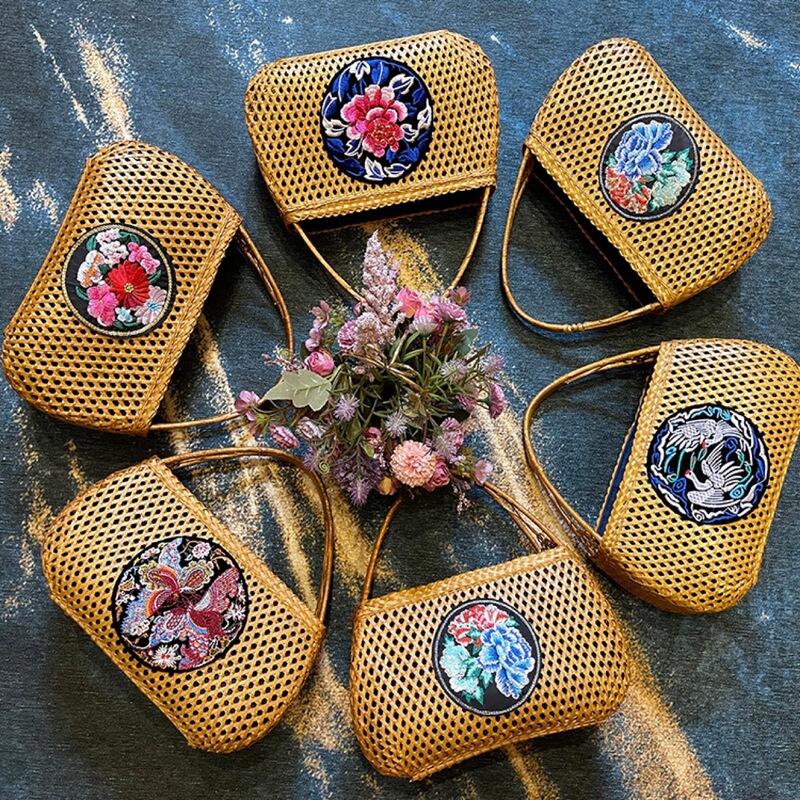 ins Vintage smoked handbag bamboo basket beach bag woven bag tea set storage bag handmade bamboo bag bamboo bag