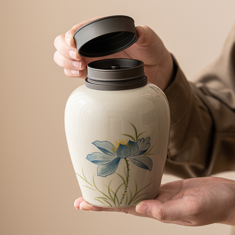 Flowering plant ash blue lotus tea canister airtight canister high-quality luxury household tea storage canister moisture-proof large tea storage tea set