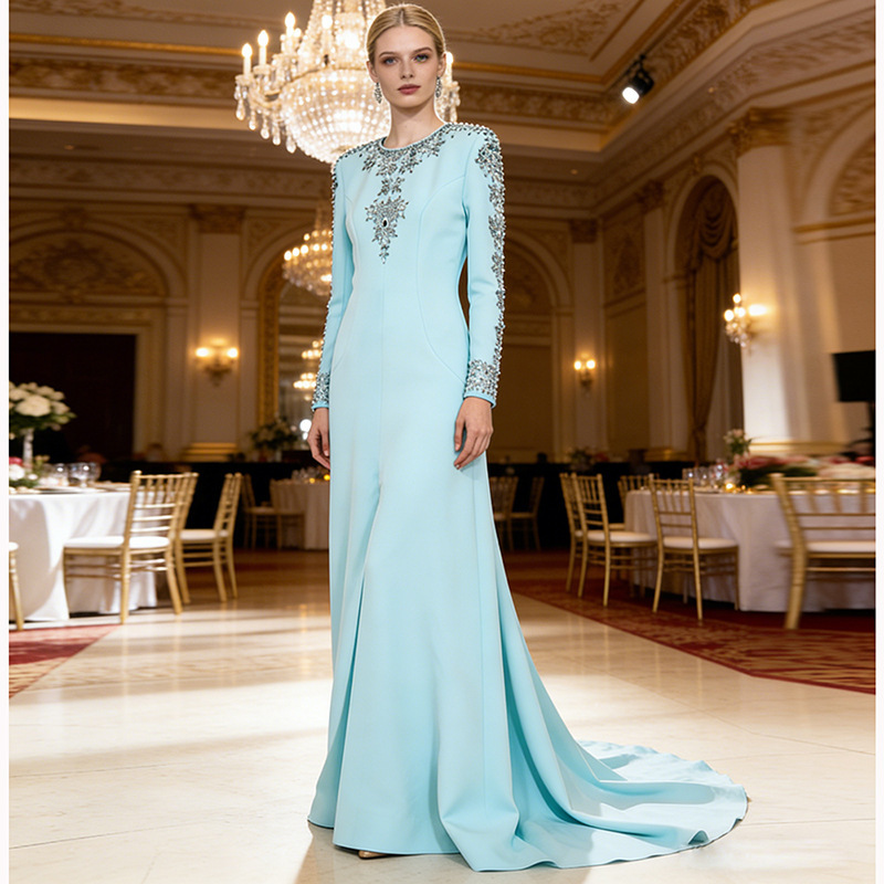 High-Quality In-Stock Host Evening Gown 2026 Celebrity Series with Heavy Beading and Rhinestone Embellishments, Front Slit, and Small Train Long Dress High-Quality In-Stock Host Evening Gown 2026 Celebrity Series with Heavy Beading and Rhinestone Embellishments, Front Slit, and Small Train Long Dress