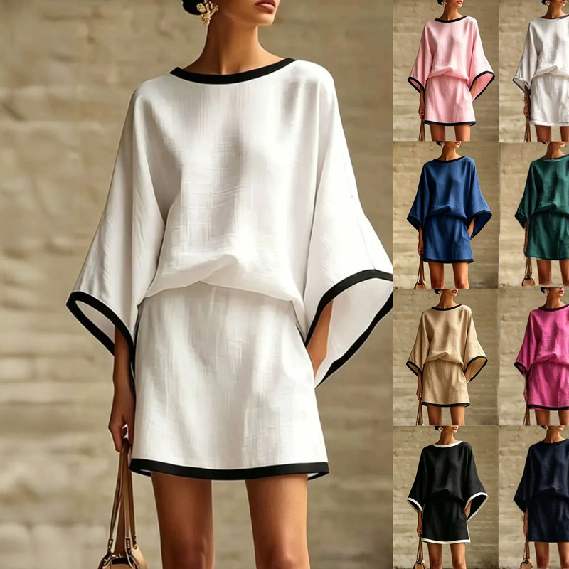 2026 Amazon Cross-Border New Summer European and American Style Cotton and Linen Casual Batwing Sleeve Top and Short Skirt Two-Piece Set for Women 2026 Amazon Cross-Border New Summer European and American Style Cotton and Linen Casual Batwing Sleeve Top and Short Skirt Two-Piece Set for Women