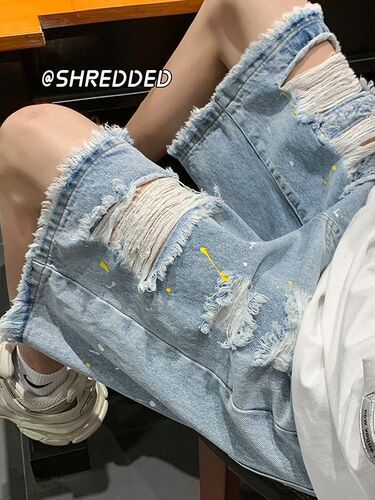 Men's Summer Trend Brand American Grit Street Style Relaxed Pants with Water Washed Ripped Denim Shorts and Frayed Hem Design