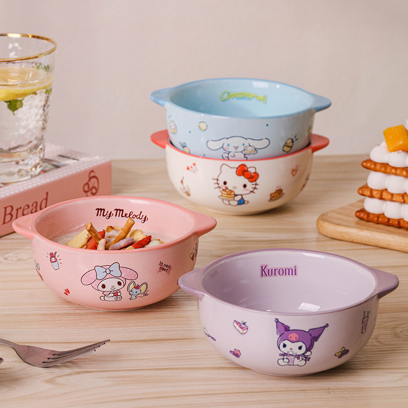 Sanrio Family Series Breakfast Double Ear Bowl Tableware Household High Color Value Ceramic Children's Dining Bowl Rice Bowl Noodle Bowl