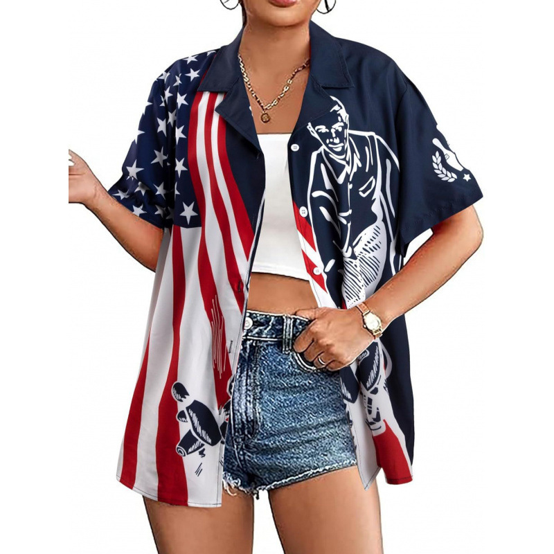 European and American Cross-Border Foreign Trade Hot-Selling Bowling Pattern 3D Digital Print Casual Shirt with Cuban Collar for Women