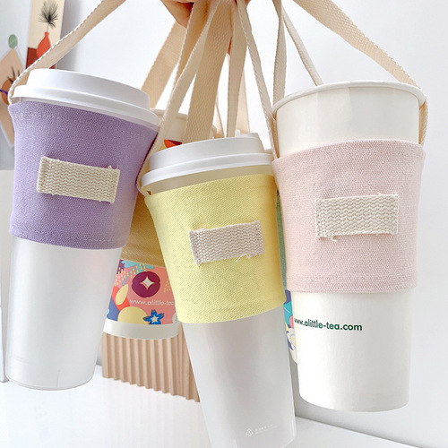Portable portable insulated milk tea and coffee drink portable cup cover with candy color strap and hand-carrying canvas cup cover