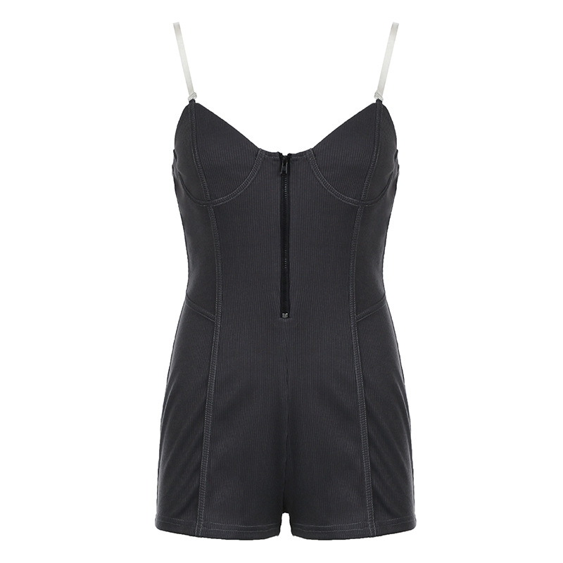Women Tube Top See through Bra Straps Distressed Rib Sexy Jumpsuit Personality Suspender Shorts