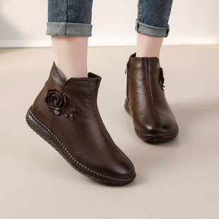 Wool winter warm mom short boots fleece-lined genuine leather soft bottom middle-aged and elderly women's shoes elderly cotton shoes leather shoes milk shoes