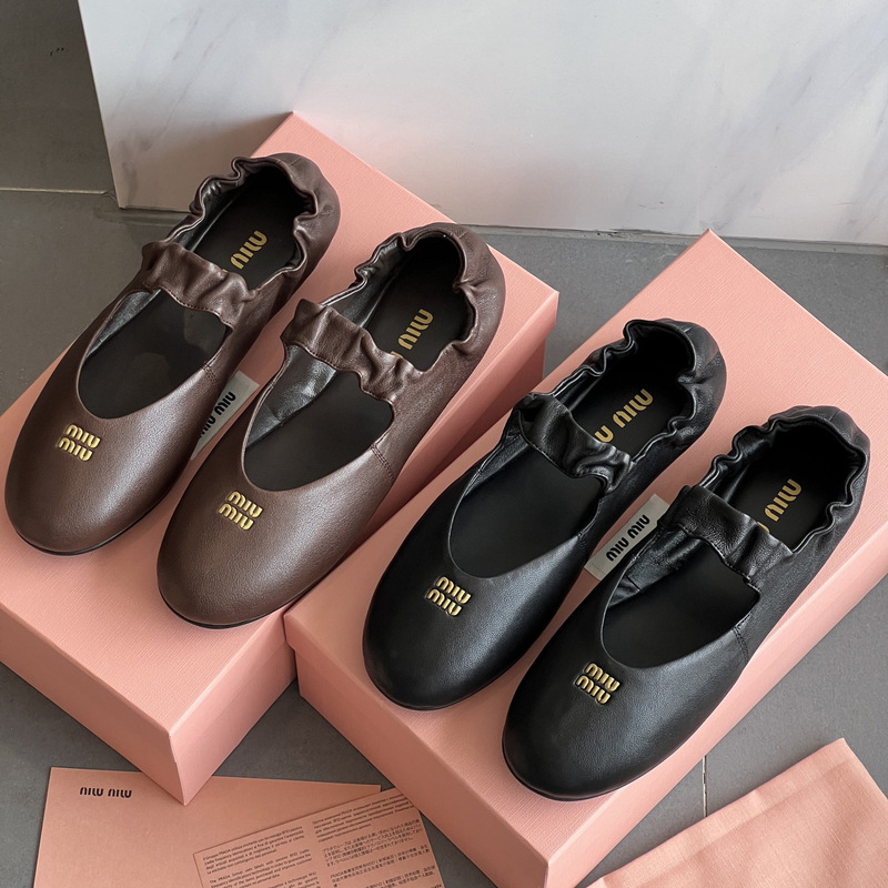 Genuine Leather French-Style Miu Round-Toe Flat Ballet Shoes for Women, 2025 Spring New Model, Single-Strap Mary Jane Shoes