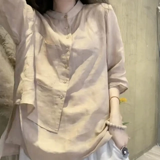 棉麻衬衫女2026春夏新款复古设计感小众七分袖宽松遮肚显瘦薄上衣