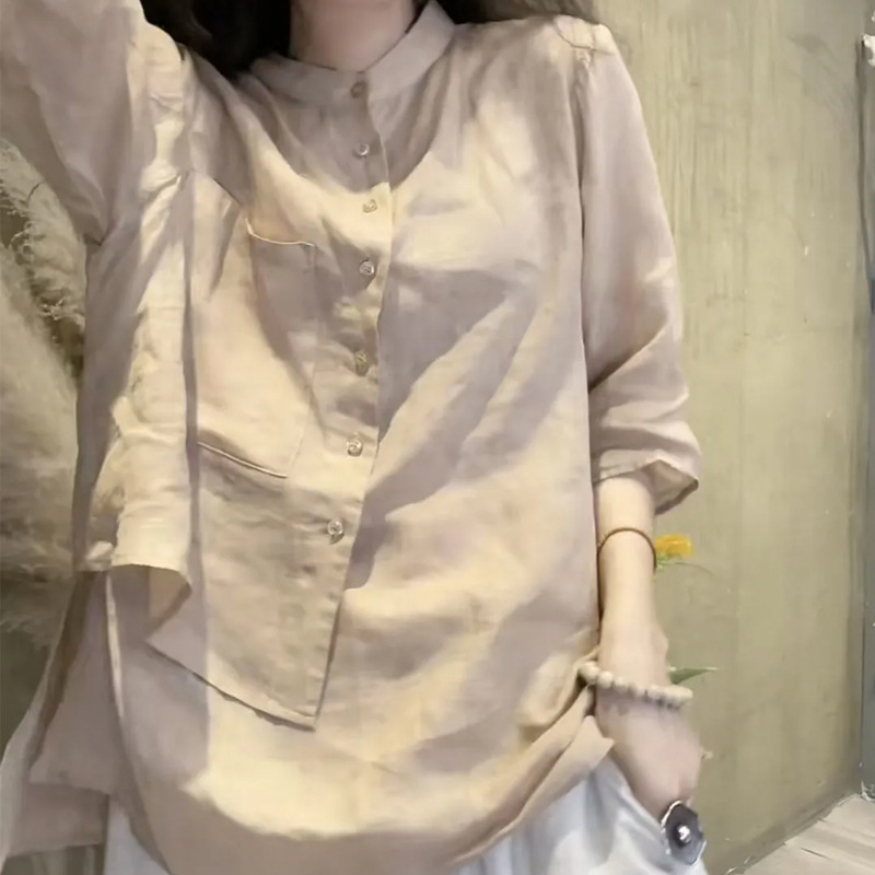 Cotton and Linen Shirt for Women 2026 Spring/Summer New Vintage Design Niche Style Three-Quarter Sleeve Loose Fit Tummy-Concealing Slimming Thin Top