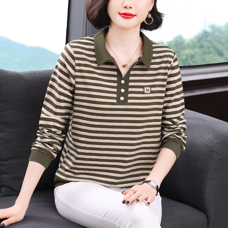 Striped Long-Sleeved Lapel T-Shirt Women's Autum New Middle-Aged and Elderly Mother's Tops Loose Plus Size Women's Clothing Wholesale