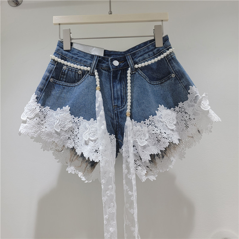 Pantalones Cortos de Mezclilla con Bordado y Encaje Incluye Cinturón para Mujer
