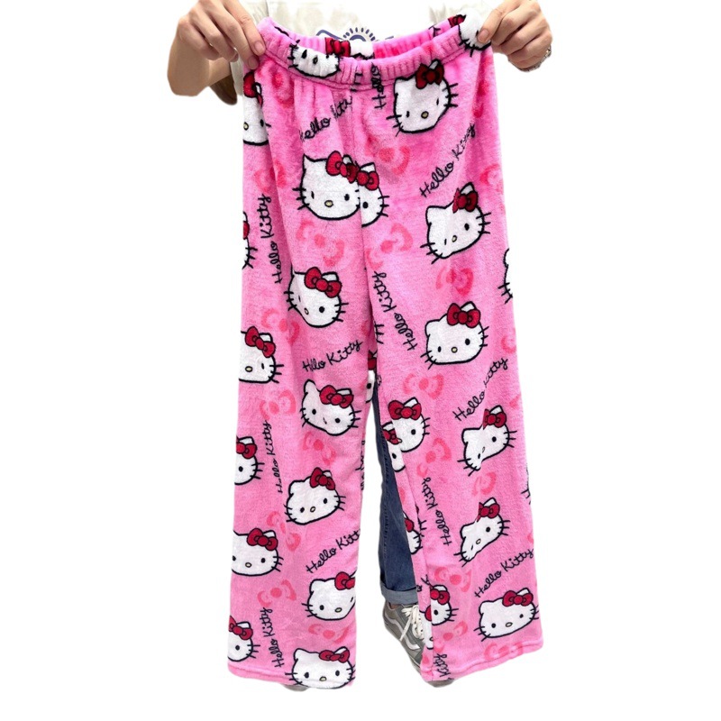 Dibujos Animados KT gato impreso pijama pantalones gruesos de coral de las mujeres de lana de otoño e invierno casa casual franela pijama pantalones gatito desgaste exterior