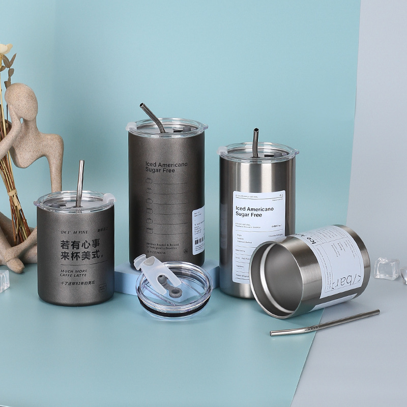 外贸304不锈钢冰美式咖啡杯真空双层带吸管直身杯家用便携保温杯