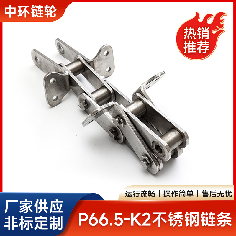P66.5-K2不锈钢链条 工业链条双节距滚子链带耳弯板工程输送链条