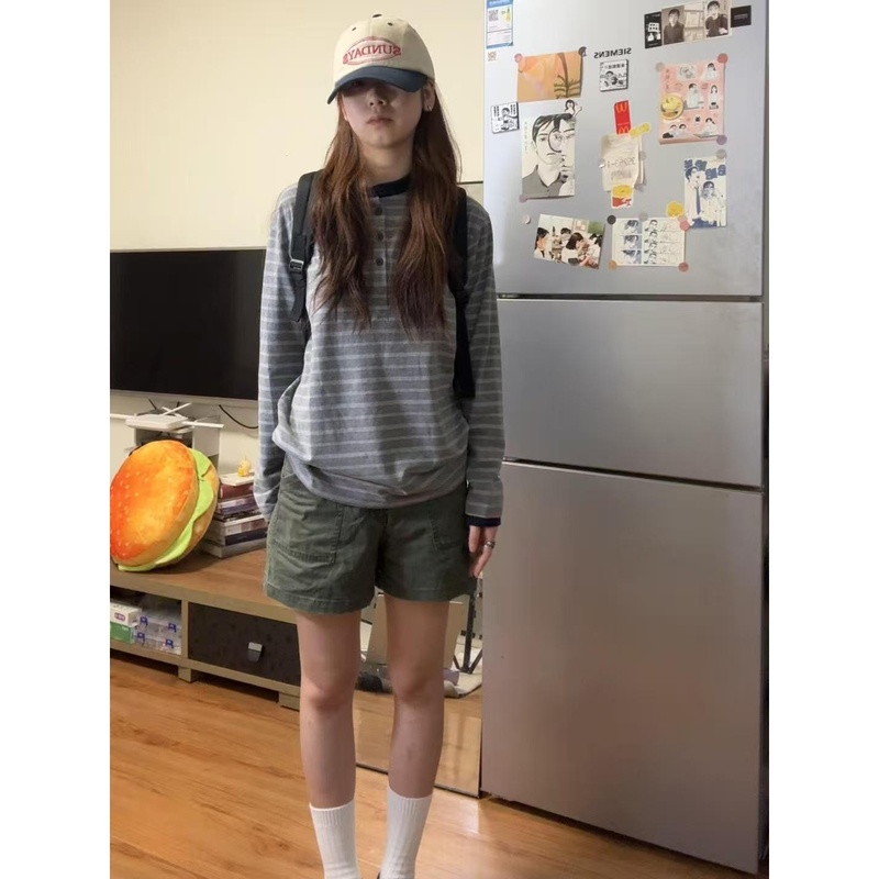 美式复古灰色亨利领条纹长袖T恤女秋季复古宽松慵懒风显瘦上衣|undefined