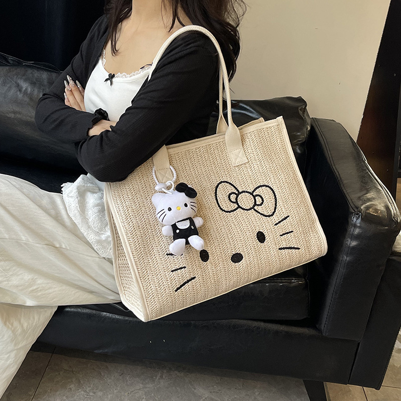 原创KT凯蒂猫编织托特包包女2025新手提单肩通勤大容量休闲旅行包|undefined