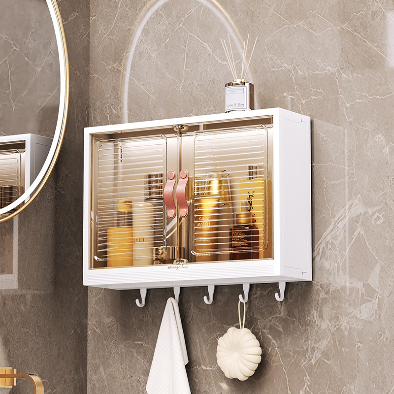 Wall-Mounted Storage Box for Bathroom, Home Use &mdash; Non-Perforated, Transparent Organizer Cabinet for Cosmetic Pads & Jewelry Rack