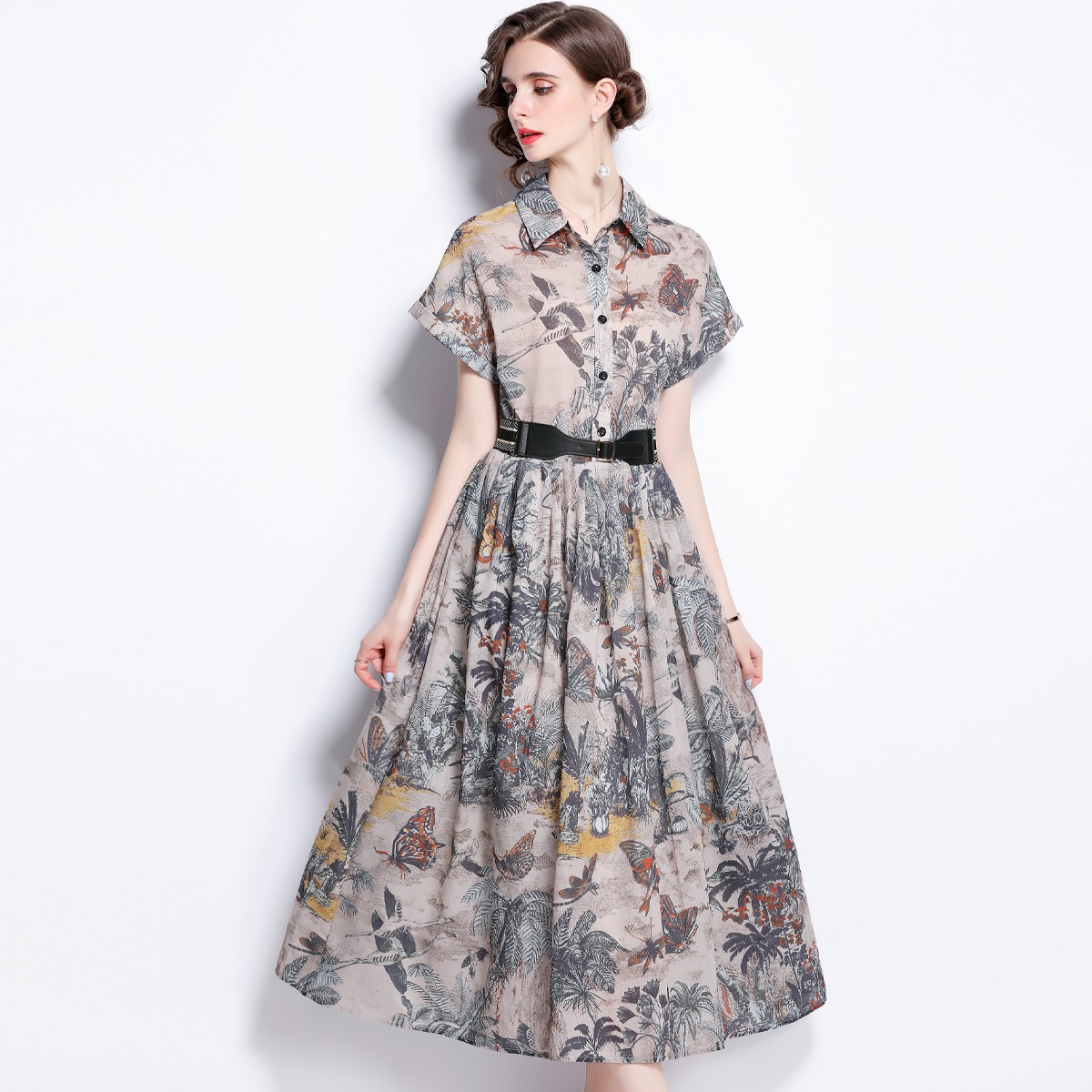 1861实拍夏季新款女装翻领短袖印花修身显瘦中长款连衣裙（配腰带
