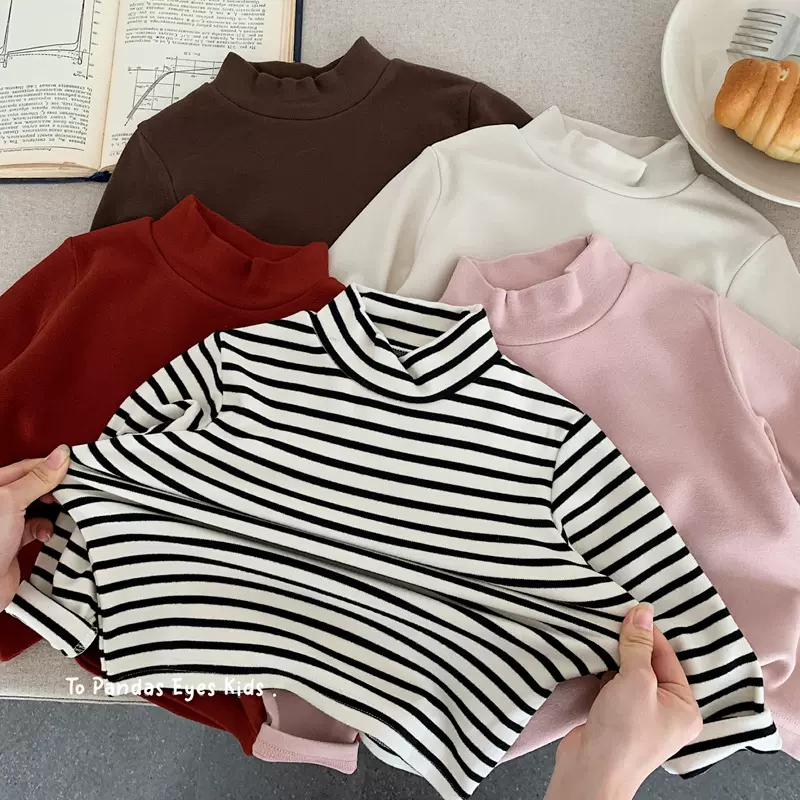 男童打底衫秋冬装2025新款儿童德绒长袖t恤半高领磨毛上衣条纹潮