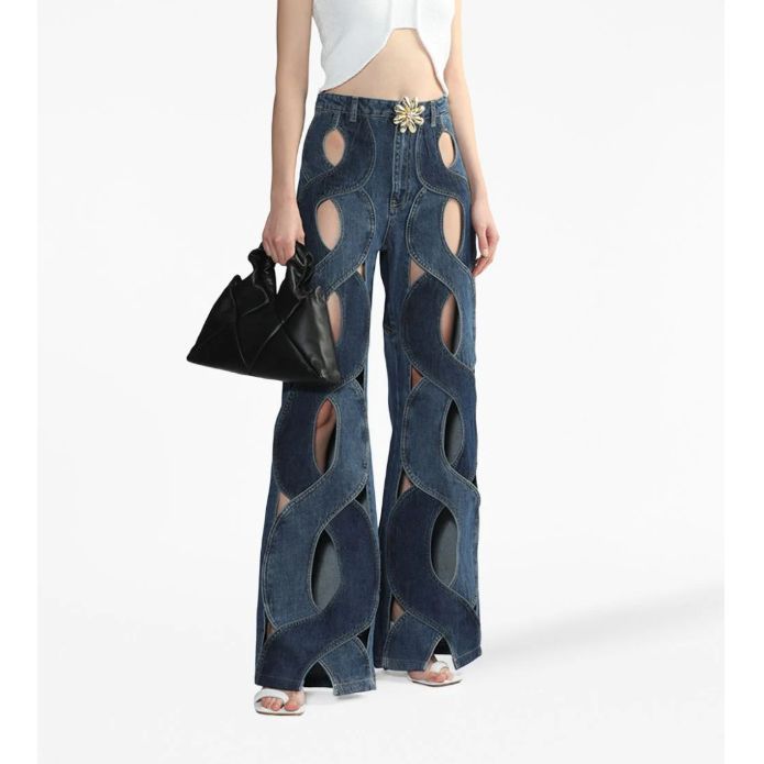Pantalones de pierna ancha retorcidos personalizados para mujeres 2024 principios de primavera nueva cintura alta recta suelta adelgazamiento diseño pantalones vaqueros