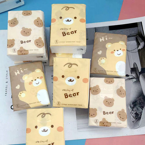 Printed Handkerchief Paper Playful Bear Printed Tissue Portable Small Pack Tissue Facial Tissue Toilet Paper Colored Napkin Paper