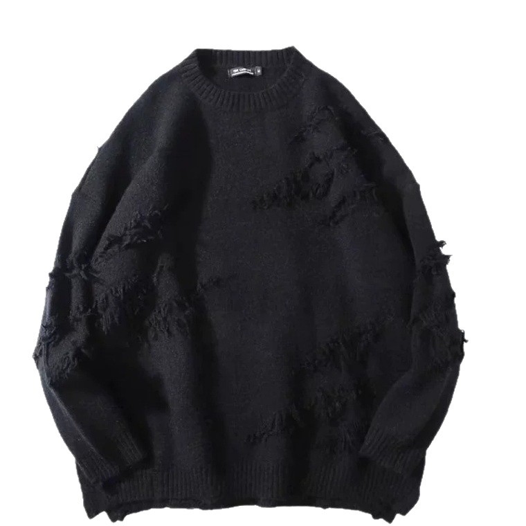 American High Street Design Sense Niche Tassel Knitted Unisex BF Trendy Brand Loose Couple Round Neck Ripped Sweater_voghion.com