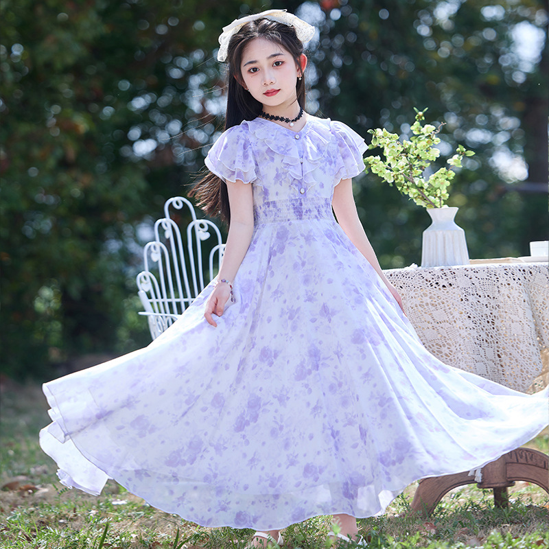 Girls' Dress Summer Purple Chiffon Floral Dress Medium and Large Children's Summer Dress Thin Style Little Girl Beach Long Dress