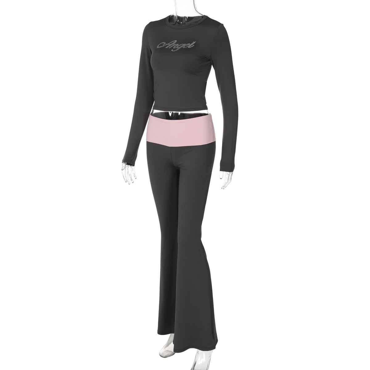Women Clothing Autumn Contrast Color Round Neck Long Sleeve Bell Bottom Pants Two Piece Set Rhinestone Suit
