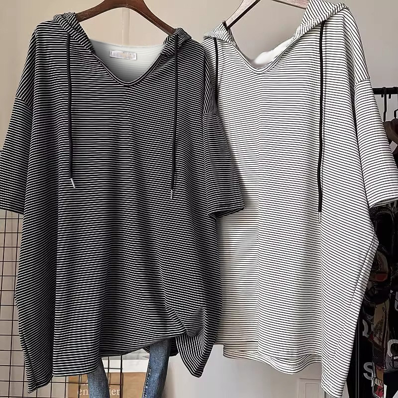 Plus Size Mid-Length Stripesd V-Neck Hooded Short-Sleeved T-Shirt for Women in Summer Fat mm Large Version Loose Lazy Style Right Shoulder Top