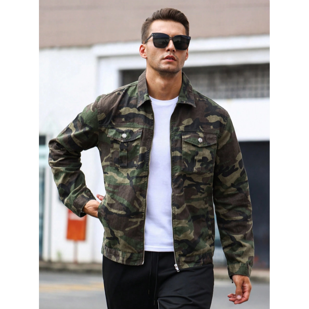 2026 New European and American Men's Denim Jacket Trendy High Street Camouflage Color-Blocking Men's Outerwear Cross-Border Hot Item