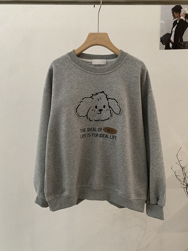 欧玛莱 圆领可爱小狗贴布刺绣长袖宽松套头休闲卫衣韩系百搭 4845|undefined