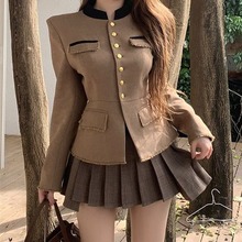 时尚韩版复古学院风秋冬季套装女西装外套气质高腰百褶裙子两件套