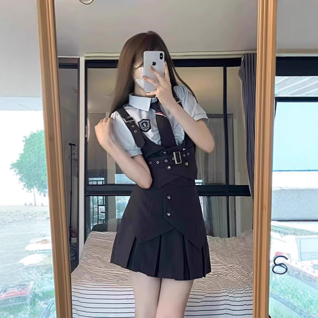 American Style Hot Girl College Style suit Female Rabbit Police Officer Uniform Black Blue Shirt Vest Pleated Skirt Three-Piece Set