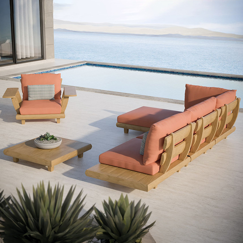 Sofá al aire libre patio villa al aire libre impermeable protección solar muebles de teca combinación de jardín al aire libre terraza sofá de madera maciza