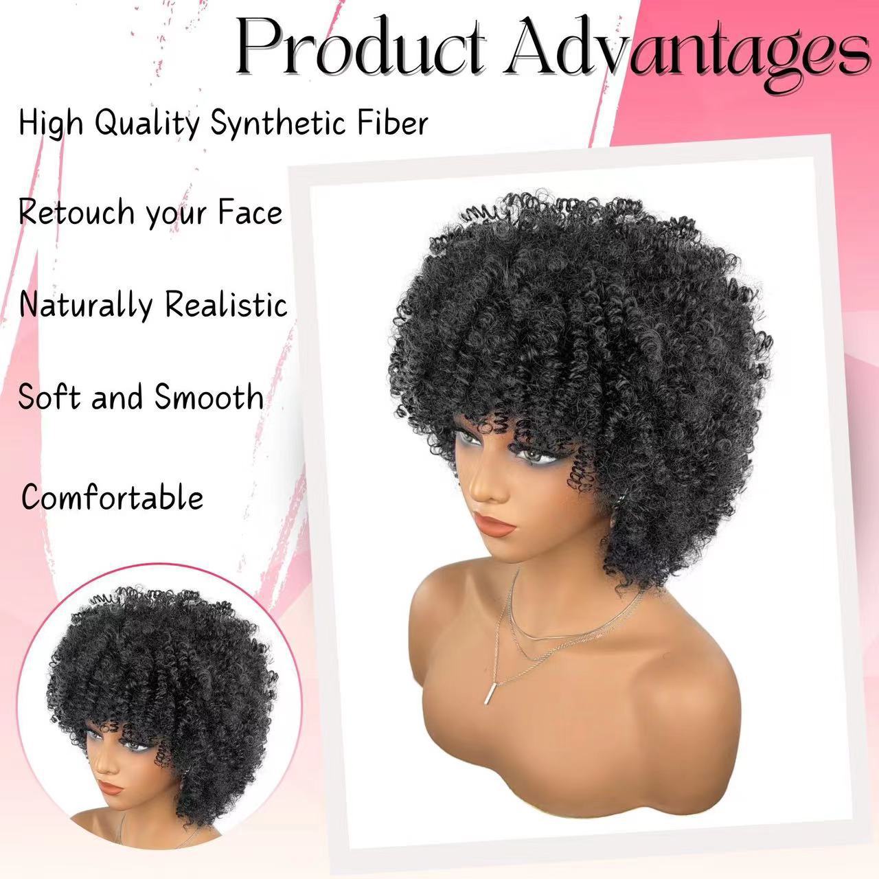 Transfronterizo nuevo natural esponjoso corto pequeño rollo explosivo cabello rizado kinky mate de alta temperatura peluca cubierta de cabello