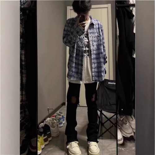 Japanese retro design checkered long-sleeve shirt for men and women, 2025 spring commuting versatile loose-fitting shirt and outerwear