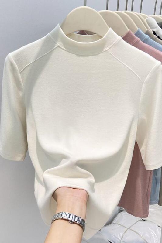 2025 Autumn Half Turtleneck Mid-Sleeve T-Shirt for Women, Slim Fit, Elegant Five-Sleeve Top, Tight Base Shirt for Outerwear, Cotton