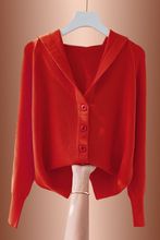 正品羊毛衫女秋季连帽针织开衫短款2025年新款外搭毛衣外套妈妈装